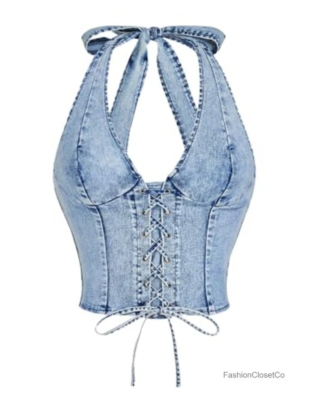 Women's Y2K Denim Halter Corset Vest Top Sleeveless Lace Up Backless - Picture 7 of 7